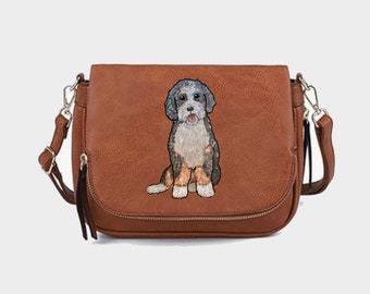 From Your Photo Custom Dog (Example Bernedoodle) Hand Painted Crossbody Purse Handbag - Choice of Color - One of a Kind