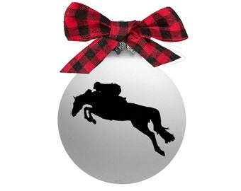 Hunter Jumper Jumping Horse 4" Glass Buffalo Plaid Check Ribbon Christmas Ornament - Personalized with Name