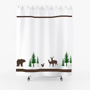 Forest Bear Deer Rustic Log Cabin  Shower Curtain Customizable in Your Choice of Colors