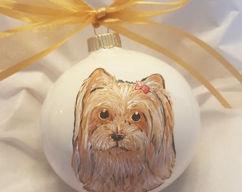 Yorkshire Terrier Yorkie Morkie Cutie Face Hand Painted Christmas Ornament - Personalized Christmas Ornament Glass Bulb (Not Digital)