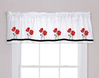 May include: White valance with a black trim and a row of red poppy flowers along the bottom.