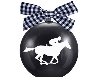 Kentucky Derby Horse Racing Thoroughbred Horse 4" Glass Buffalo Plaid Check Ribbon Christmas Ornament - Personalized with Name