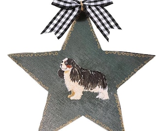 Cavalier King Charles Spaniel Dog Hand Painted Tree Topper with Name -  Buffalo Plaid Ribbon Personalized Christmas Tree Star Custom Gift