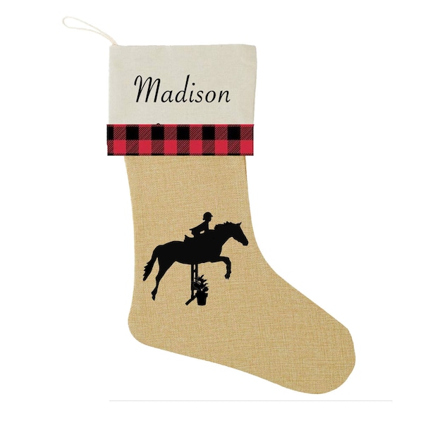 Hunter Jumper Horse Christmas Stocking Burlap with Name - Farm Barn Decor Buffalo Plaid Personalized Stocking Custom Gift