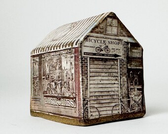 Small Ceramic Building, Art House " The Bicycle Shop" with Architectural Imagery - Handmade Ceramics