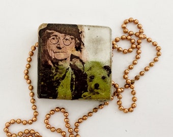 Necklace with Vintage Photo of Old Women and Her Green Dog with Copper Chain - Handmade Ceramics