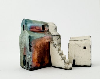 Tiny Abandoned Raku Buildings,  "The Green Granary"- Handmade Ceramics, Set of 3