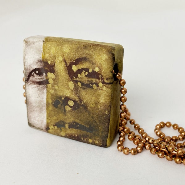 Necklace with Vintage Photo of JFK and Copper Chain - Handmade Ceramics