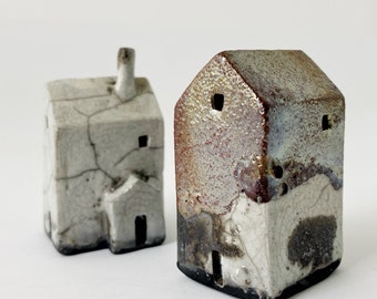Tiny Abandoned Raku Buildings, "Old Friends"- Hand Made Ceramics