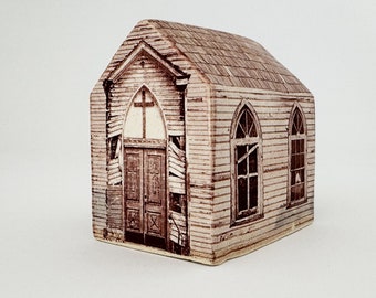 Small "Abandoned Country Church" - Ceramic Building with Architectural Imagery