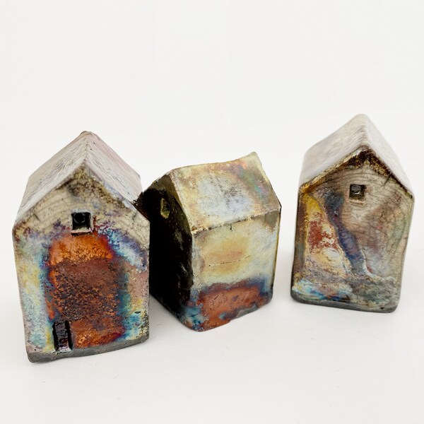 Tiny RAKU Rural Town "Mindenmines" - Hand Made Ceramics- Set of 3 Houses