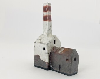 Tiny RAKU Abandoned Mill with Smoke Stack - Hand Made Ceramics
