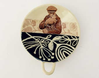 Tiny Sgraffito and Vintage Imagery Trinket Dish, "Gardener And His Cat" - Hand Made Pottery