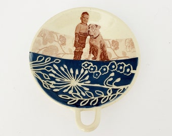 Tiny Sgraffito and Vintage Imagery Trinket Dish, "Boy And His Dog" - Hand Made Pottery