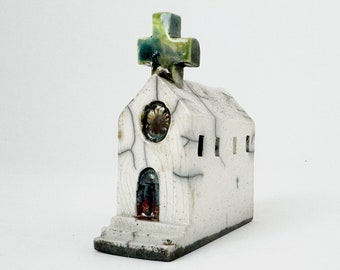 Tiny Raku Country Church, "Abandoned Cathedral" with Stained Glass Windows- Handmade Ceramics