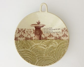 Small Sgraffito and Vintage Imagery Trinket Dish, "Dreaming of Birds" - Hand Made Pottery