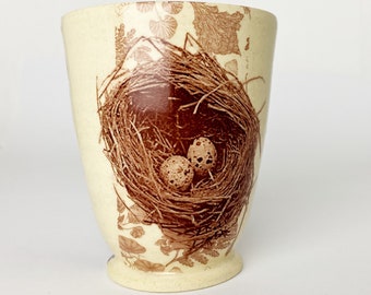 Wildlife Purple Botanical Carved Sgrafitto Cup With Nest Imagery - Hand Made Ceramics