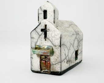 Tiny Raku Country Church - "Mission Mary Calera Chapel", Texas" - Hand Made Ceramics