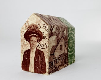 Small Ceramic Art House "Little Beauty" with Vintage Transfer Imagery and Quote  - Hand Made Ceramics