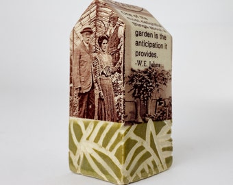 Small Sgrafitto Botanical Ceramic House "Delightful Things" with  Transfer Imagery - Art House - Handmade Ceramics