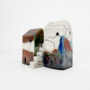 Tiny Abandoned Raku Buildings,  &quot;Old Pattonburg&quot; Houses with Stairs- Handmade Ceramics