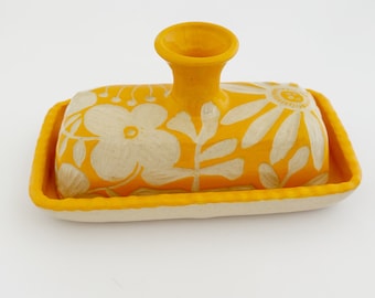 Botanical Sgrafitto Butter Dish "Tangerine" - Handmade Ceramics