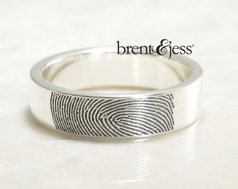 Wide Comfort Fit Handcrafted Fingerprint Wedding Ring with Tip Print on the Outside in Brushed Sterling Silver