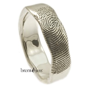 Organic Edge Personalized Handcrafted Fingerprint Wedding Ring with Tip Print on the Outside in Sterling Silver image 1