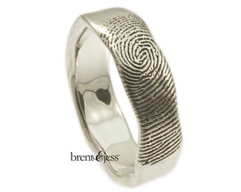 Organic Edge Personalized Handcrafted Fingerprint Wedding Ring with Tip Print on the Outside in Sterling Silver