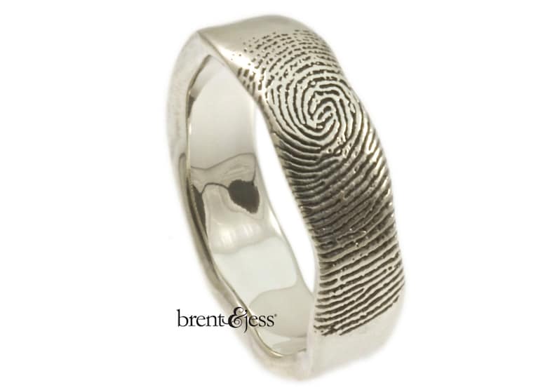 Organic Edge Personalized Handcrafted Fingerprint Wedding Ring with Tip Print on the Outside in Sterling Silver image 1