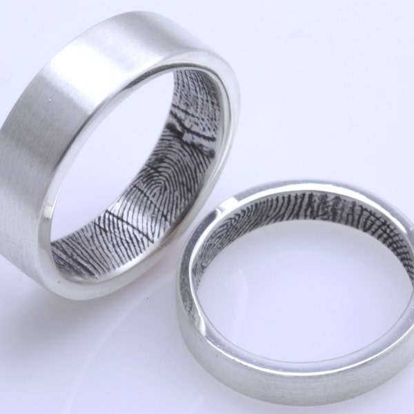 Custom fingerprint wedding bands in sterling silver (set of two)