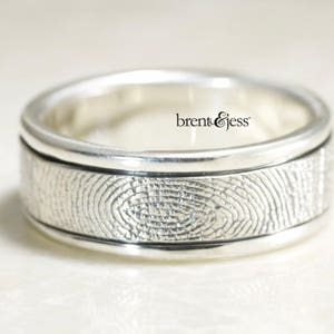 Fingerprint Ring,Hand Carved Rims Fingerprint Wedding Ring with Wrapped Print on the Outside, Sterling Silver image 1