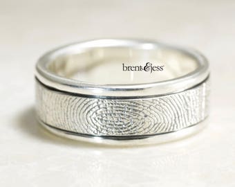 Fingerprint Ring,Hand Carved Rims Fingerprint Wedding Ring with Wrapped Print on the Outside,  Sterling Silver