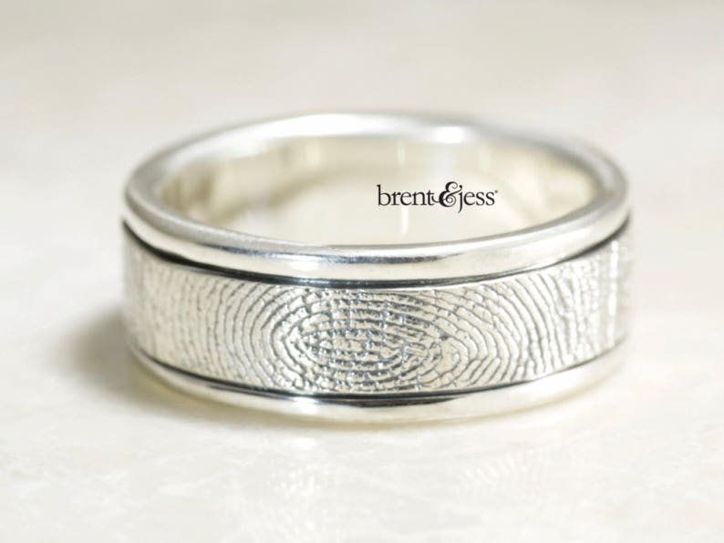 Fingerprint Ring,Hand Carved Rims Fingerprint Wedding Ring with Wrapped Print on the Outside, Sterling Silver image 1