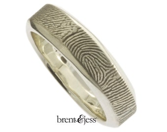 Wide Beveled Edge Fingerprint Wedding Band with Wrapped Print on the Outside - Sterling Silver