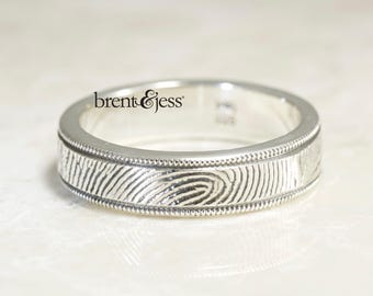 Milgrain Edge Handcrafted Fingerprint Wedding Band with Exterior Wrapped Print in Sterling Silver