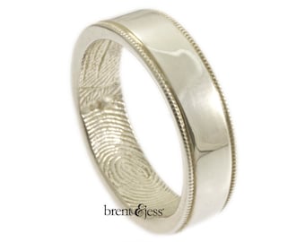 Wide Milgrain Edge Fingerprint Wedding Band with Interior Wrapped Print - Sterling Silver