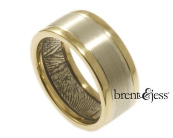 Modern Two Tone Bi-Metal Handcrafted  Fingerprint Wedding Band in Sterling Silver and 14k Yellow Gold