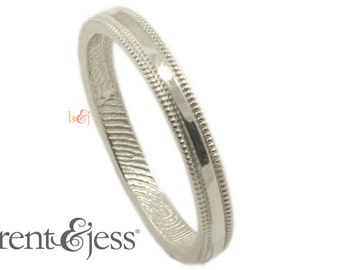 Milgrain Edge Fingerprint Wedding Band with Interior Wrapped Print in Sterling Silver