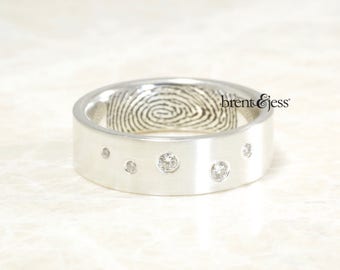 Scattered Diamonds Custom Fingerprint Wedding Band in Sterling Silver