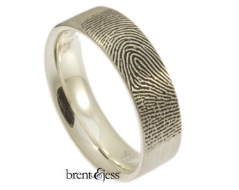 Wide Comfort Fit Fingerprint Wedding Ring with Tip Print on the Outside in High Polish Sterling Silver, Fingerprint Ring