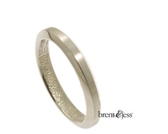 Narrow Beveled Edge Handcrafted Fingerprint Wedding Ring with Wrapped Print on the Inside - Sterling Silver