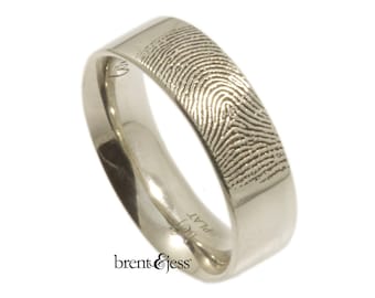 Platinum Fingerprint Wedding Ring with Fingertip Print on the Outside - 6mm - Custom Wedding Band