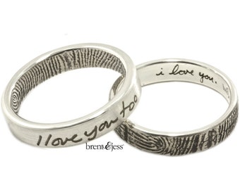 I love you...I love you too set of two narrow fingerprint wedding rings