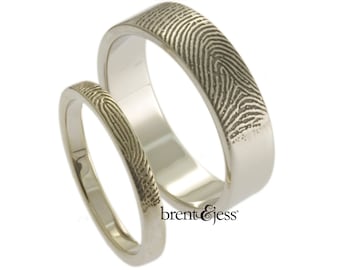 Custom Fingerprint Wedding Bands Set with Tip Prints on the Outside - Sterling Silver Fingerprint Rings