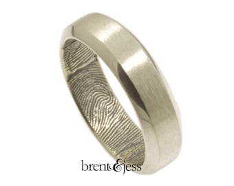 Beveled Edge Handcrafted Fingerprint Wedding Band with Interior Wrap Print in Sterling Silver