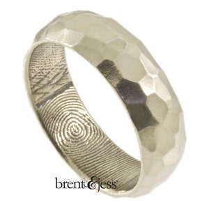 Wide Sterling Silver Hammered Finish Handcrafted Fingerprint Wedding Ring Made With Your Unique Fingerprint image 1