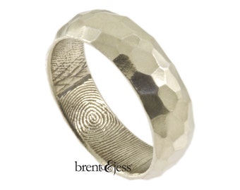 Wide Sterling Silver Hammered Finish Handcrafted Fingerprint Wedding Ring Made With Your Unique Fingerprint