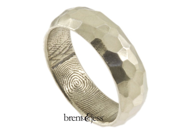 Wide Sterling Silver Hammered Finish Handcrafted Fingerprint Wedding Ring Made With Your Unique Fingerprint image 1