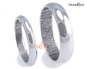 3mm/6mm Custom Low Dome Fingerprint Wedding Band Set in Sterling Silver - fingerprint rings